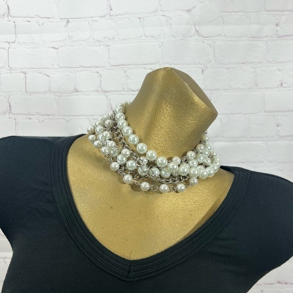 New York & Company Faux Pearls and Silvertone Chain 3 layer statement necklace - Picture 3 of 10